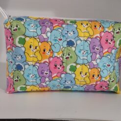 Handmade boxy zipper bag made with Care Bears fabric