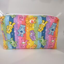 Handmade boxy zipper bag made with Care Bears fabric